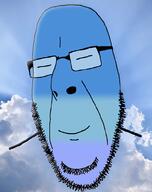 blue blue_skin calm closed_eyes closed_mouth glasses irl_background sky smile soyjak stubble variant:cobson // 791x1000 // 343.3KB