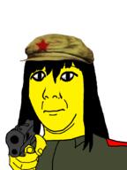 cap closed_mouth clothes communism gun hair hand hat holding_object long_hair pointing pointing_at_viewer soyjak star subvariant:commiepedotroon uniform variant:kuzjak yellow_skin // 809x1080 // 149.6KB