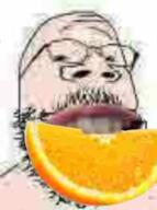 baby caca eating food fruit glasses jpeg_compression low_quality mustache orange_(fruit) small_eyes soyjak stubble white_background // 186x250 // 69.9KB