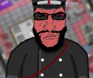 angry beard closed_mouth clothes glasses hat punisher_face red_face soyjak space_station_13 subvariant:science_lover variant:markiplier_soyjak video_game // 1015x851 // 23.4KB