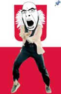 animated country dance flag full_body gangnam_style glasses irl open_mouth poland push_pin soyjak sticky stubble variant:cobson // 300x460 // 360.7KB