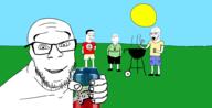 4soyjaks bbq closed_mouth clothes drawn_background full_body glasses grill happy holding_object holding_sproke smile soyjak sproke stubble subvariant:wholesome_soyjak swastika text tshirt variant:chudjak variant:feraljak variant:gapejak variant:soyak // 2942x1500 // 344.3KB