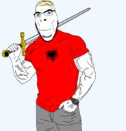 1272 albania aryan buff clothes flag:albania glasses holding_object holding_sword red_shirt soyjak stubble sword transparent_background tshirt variant:cobson vein watch weapon yellow_hair // 1834x1910 // 114.1KB