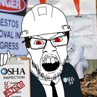 aehser angry background clipboard clothes glasses government hand hat helmet holding_object mustache necktie open_mouth osha red_eyes soyjak stubble suit text variant:feraljak // 1500x1500 // 1.1MB