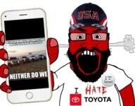 angry baseball_cap beard button cap car chevrolet clothes country dirt flag ford fume glasses hat heart holding_object holding_phone i_hate i_love iphone irl israel meme o_(4chan) open_mouth phone pickup_truck red red_skin soyjak subvariant:science_lover toyota truck tshirt united_states variant:markiplier_soyjak // 1612x1256 // 1.2MB