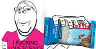 arm clif clif_bar clothes glasses hand holding_object i_fucking_love_science i_love science smile soyjak stubble text tshirt variant:wholesome_soyjak // 1009x518 // 347.2KB