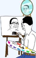 back brush canvas closed_mouth clothes drawing glasses hair holding_object mirror paintbrush painting palette senator_armstrong smile smirk smug soyjak variant:chudjak // 500x800 // 136.4KB
