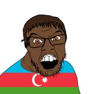 azerbaijan brown_eyes brown_hair brown_skin clothes country flag glasses hair open_mouth soyjak stubble variant:feraljak // 1500x1500 // 42.0KB