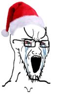 bloodshot_eyes christmas clothes crying glasses hat large_eyebrows open_mouth santa santa_hat soyjak stretched_mouth stubble variant:classic_soyjak // 785x1249 // 449.3KB