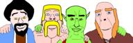bald barbarian beard blue_eyes clash_of_clans clash_royale clothes eyebrows giant goatee goblin green_eyes green_skin hair hand hugging mustache mutton_chops orange_beard orange_eyebrows pointy_ears red_hair robe sideburns smile subvariant:chudjak_front suspenders torso variant:bernd variant:chudjak variant:cobson variant:feraljak wizard yellow_eyebrows yellow_eyes yellow_hair yellow_mustache // 3312x1080 // 372.4KB