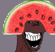 nigger open_mouth soyjak stubble subvariant:splicejak teeth variant:impish_soyak_ears watermelon // 374x353 // 175.0KB