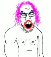 angry animated arm buff coomer glasses hair hand makeup masturbation mustache open_mouth pink_hair soyjak stubble tranny variant:feraljak // 639x715 // 46.3KB
