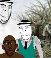 3soyjaks arm black_skin buck_breaking buff clothes drawn_background full_body glasses hand hat history necktie nucob open_mouth redraw slave smile smug soyjak stubble variant:cobson variant:nojak yellow_eyes // 1484x1682 // 1.3MB