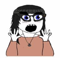 animated arm avengers beanie blue_eyes blush clothes excited female glasses hair hand hands_up hat merge necklace open_mouth redraw soy_parody soyjak variant:excited_soyjak variant:soytan // 424x411 // 129.2KB