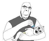2soyjaks baby clothes deformed diaper father full_body glasses holding_object mustache piss smile soyjak stubble variant:cobson variant:jacobson // 2122x1805 // 176.3KB