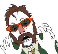 beard brown_hair clothes disco_elysium glasses hair hand harrier_du_bois necktie open_mouth soy soyjak variant:unknown video_game // 1080x1019 // 300.5KB