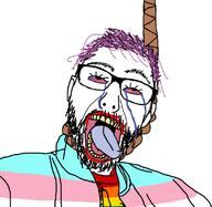 bloodshot_eyes crying djoats02 ear flag glasses hanging lgbt open_mouth purple_hair rope soyjak stubble suicide tongue tranny variant:unknown yellow_teeth // 1125x1097 // 126.4KB