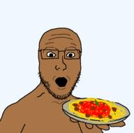 brown_skin excited holding_object holding_plate meatballs open_mouth shitskin spaghetti stubble subhuman variant:platejak // 1366x1350 // 132.3KB
