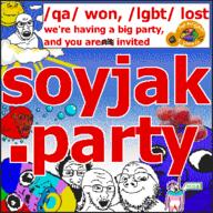 advertisement animal baby badge bloodshot_eyes bubble closed_mouth cloud coal colorful concerned crying deformed drawn_background fish flag food fruit fruitjak glasses gradient grape greentext hanging lgbt_(4chan) multiple_soyjaks open_mouth pacifier pixel_art pixelcanvas purple_hair qa_(4chan) red_skin rope small_head smile soyjak soyjak_party speech_bubble stubble suicide sun text tongue tranny variant:classic_soyjak variant:feraljak variant:gapejak variant:gapejak_front variant:jacobson variant:markiplier_soyjak variant:nathaniel variant:wholesome_soyjak // 358x358 // 53.5KB