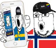 black_lives_matter cap clothes country cross ear fail flag glasses hat holding_phone iphone islam knowyourswede lgbt multiple_soyjaks norway open_mouth phone raised_fist_(symbol) soyjak stubble sweden swedish_win tshirt variant:impish_soyak_ears variant:norwegian // 796x685 // 382.7KB