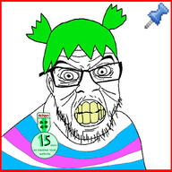 4chan 4chan_x_border angry anime badge clenched_teeth clothes flag glasses green_hair hair mustache oldfag push_pin soyjak sticky stubble tranny variant:feraljak yellow_teeth yotsoyba // 1024x1024 // 412.7KB