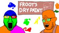 2soyjaks clothes colorful ear froot glasses green_glasses mustache open_mouth orange_skin paint stem stubble text thick_eyebrows variant:flartson variant:frootjak // 1029x573 // 141.8KB
