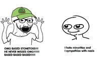 arm cap clothes frog glasses hand hands_up hat open_mouth pepe soyjak stonetoss stubble text tshirt variant:excited_soyjak // 1316x824 // 123.9KB