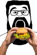 ai_generated arm beard food glasses hair hand holding_object mustache open_mouth soyjak variant:dustin // 256x374 // 66.7KB