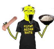 arm asain balding bwc clothes dildo glasses hand hands_up holding_object open_mouth rice small_eyes soy soyjak soylent stubble text tshirt variant:wewjak yellow_skin // 488x436 // 116.1KB