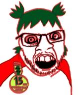 4chan angry anime badge clothes deep_fried distorted glasses green_hair hair mustache oldfag open_mouth soyjak stubble variant:feraljak yotsoyba // 1400x1630 // 1.2MB