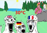 3soyjaks arm bloodshot_eyes brown_skin country crying distorted drawn_background europe eyes_popping flag france germany glasses hand hands_up heat mutt open_mouth soyjak stubble subvariant:waow sweating tongue tyrone united_kingdom united_states variant:soyak yellow_teeth // 972x672 // 194.1KB