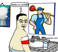 angry cartoon closed_mouth cum flag frame glass glasses hair holding_object holding_plunger mirror painting plunger poland sink soyjak text thought_bubble toilet variant:chudjak white_skin // 480x427 // 148.8KB