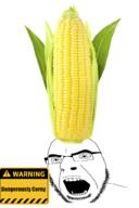 clothes corn food foodjak glasses hat open_mouth sign soyjak stubble text variant:cobson vegetable warning // 683x1024 // 381.8KB