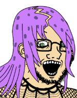 anime clothes crazed diavolo ear glasses green_eyes hair jojos_bizarre_adventure open_mouth purple_hair soyjak stubble variant:classic_soyjak // 665x850 // 19.4KB