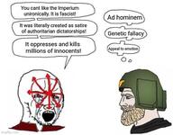 argument bloodshot_eyes chaos chaos_cultist crying face_tattoo helmet imperial_guard meme nordic_chad open_mouth soyjak speech_bubble stubble text variant:cryboy_soyjak warhammer // 565x442 // 56.5KB
