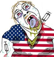 blond_hair blood country dead death drugs fentanyl flag man_tits missing_teeth opiod overdose pill sweating syringe tongue united_states variant:gapejak_front vomit // 962x1024 // 124.1KB