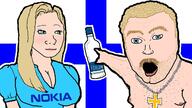 aryan blond blue_eyes booba chain christianity closed_mouth clothes cross finland flag mustache nipple nokia open_mouth outline pointing trad_wife variant:two_pointing_soyjaks vodka white_skin wojak // 1280x720 // 154.0KB
