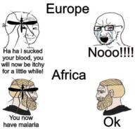 africa bloodshot_eyes chad crying europe glasses malaria mosquito mustache nordic_chad open_mouth soyjak soyjak_comic stubble text variant:soyak wojak // 499x479 // 207.9KB