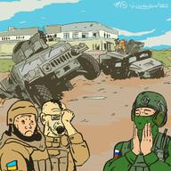 arm crying dead drawn_background glasses hair hand helemt military redraw russia russo_ukrainian_war soyjak stubble ukraine variant:soyak vehicle // 1280x1280 // 188.1KB