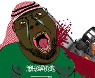 blood bloodshot_eyes chainsaw crying flag glasses gore islam kaffiyeh murder saudi_arabia soyjak variant:gapejak_front yellow_teeth // 1578x1300 // 1018.2KB