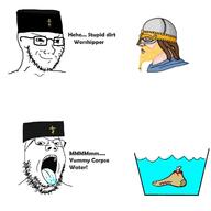 2soyjaks christianity clothes foot glasses hat nordic_chad open_mouth pagan smug soyjak stubble text variant:gapejak variant:soyak viking water // 1280x1280 // 74.8KB