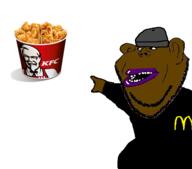 amerimutt arm beanie belly black_sclera black_shirt brown_skin chicken clothes ear hand kfc lips mcdonalds nigger open_mouth pointing soyjak stubble subvariant:impish_amerimutt variant:impish_soyak_ears variant:two_pointing_soyjaks white_background // 605x534 // 84.5KB