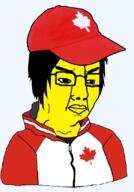 angry asian baseball_cap canada closed_mouth clothes country flag flag:canada glasses hair hat hoodie jacket leaf soyjak variant:chudjak yellow_skin // 769x1104 // 247.8KB
