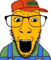 clothes glasses hat open_mouth sneed soyjak stubble variant:dylanjak yellow_skin // 552x650 // 93.4KB