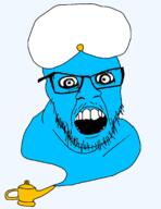 angry blue clothes genie glasses hat lamp mustache open_mouth soyjak stubble turban variant:feraljak // 1350x1750 // 158.6KB