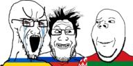 3soyjaks are_you_soying_what_im_soying belarus bloodshot_eyes crying flag glasses hair looking_at_each_other open_mouth russia russo_ukrainian_war smile smirk soyjak stretched_mouth stubble subvariant:wholesome_soyjak ukraine variant:classic_soyjak variant:gapejak variant:markiplier_soyjak // 1779x887 // 471.7KB