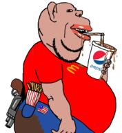 amerimutt arm belly brown_skin cup drinking drinking_straw ear fat flag:united_states french_fries gun hand holding_object jeans lips looking_at_you mcdonalds mutt pepsi pocket poop red_shirt revolver side_profile spilled stubble subvariant:impish_amerimutt text variant:impish_soyak_ears weapon // 700x758 // 162.2KB