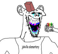 bib brainlet brick child clothes crayon crying drool ear hand holding_object laughing open_mouth soyjak stubble subvariant:dentjak subvariant:splicejak text variant:impish_soyak_ears // 442x412 // 70.5KB
