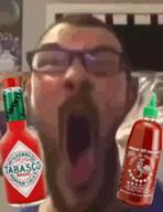 animated bottle closed_eyes distorted drinking explosion food glasses hot_sauce irl open_mouth soyboy sriracha stretched_mouth stubble tabasco variant:james_youniverse // 324x419 // 957.4KB