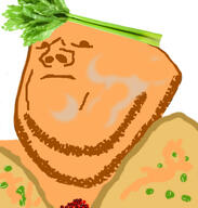 celery closed_mouth clothes distorted food frown hat orange_skin redraw small_eyes soyjak stubble variant:impish_soyak_ears vegetable // 528x554 // 178.0KB
